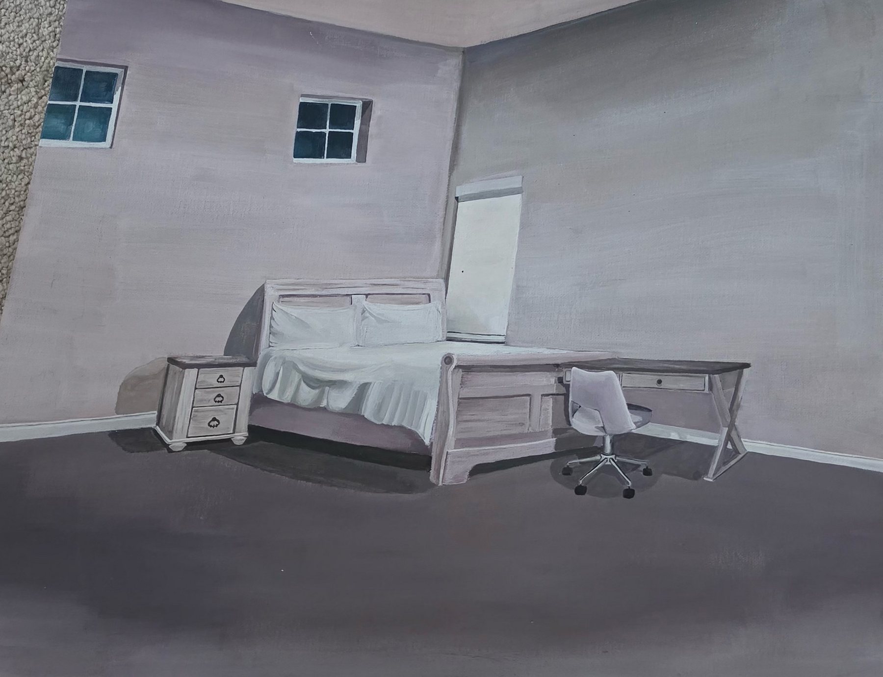 Muted painting of a spare bedroom with a white bed, nightstand, desk, and office chair under two small windows.