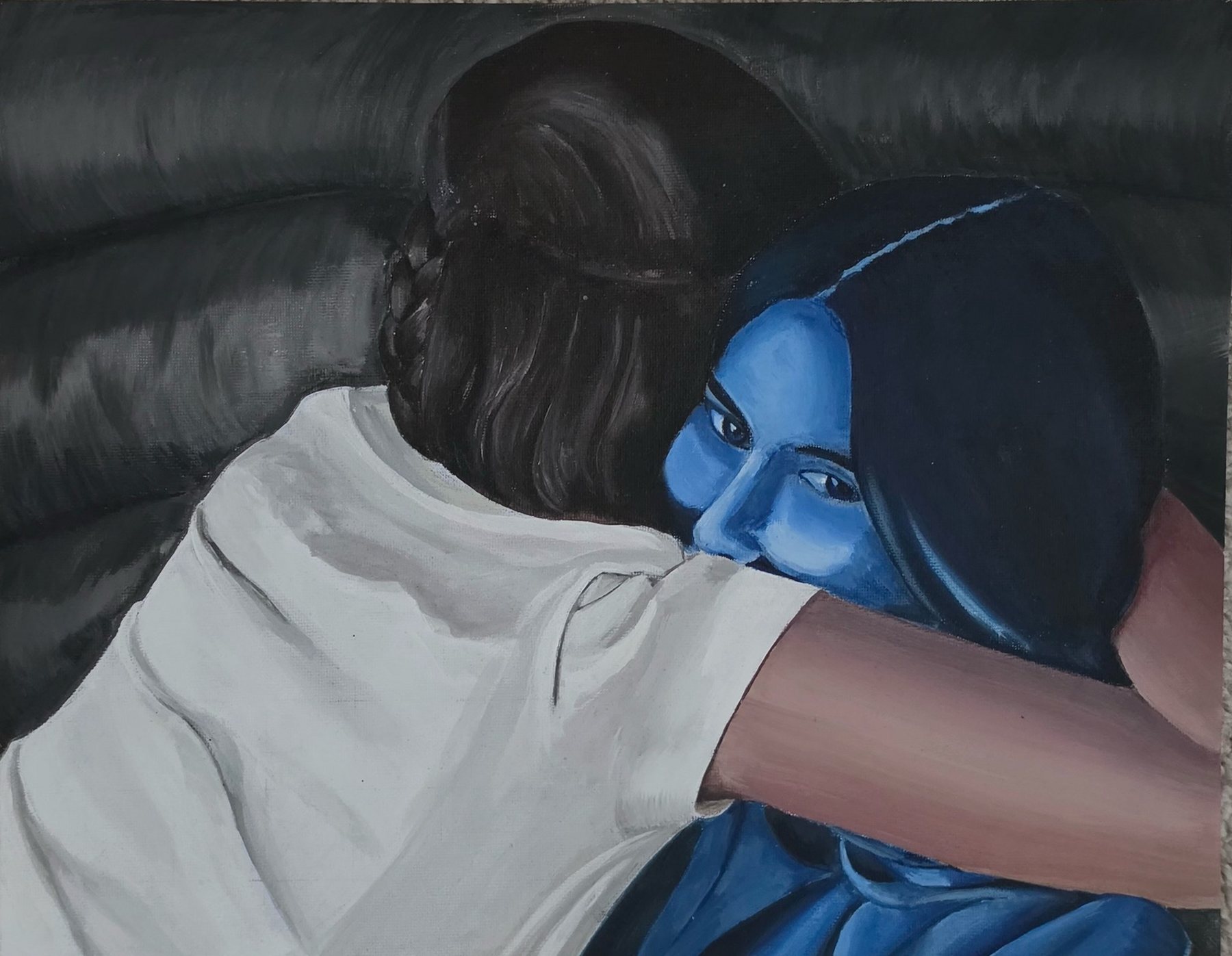Painting of two figures hugging on a dark couch; one face is rendered in vivid blue tones.