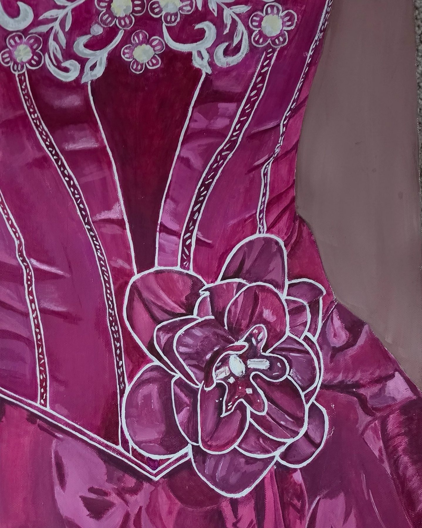 Close-up painting of a magenta dress bodice with white embroidered flowers and a large fabric rose at the waist.