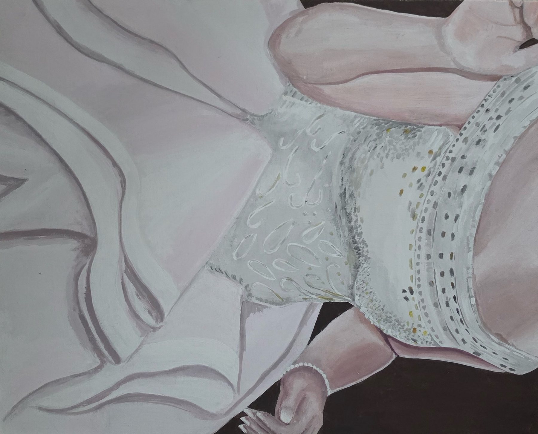 Soft-toned painting of a figure in a white beaded dress with flowing pale pink fabric against a dark background.